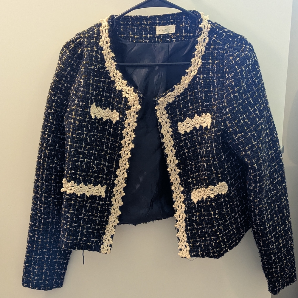 BLVD Black and Cream Cropped Blazer with Fringe Trim